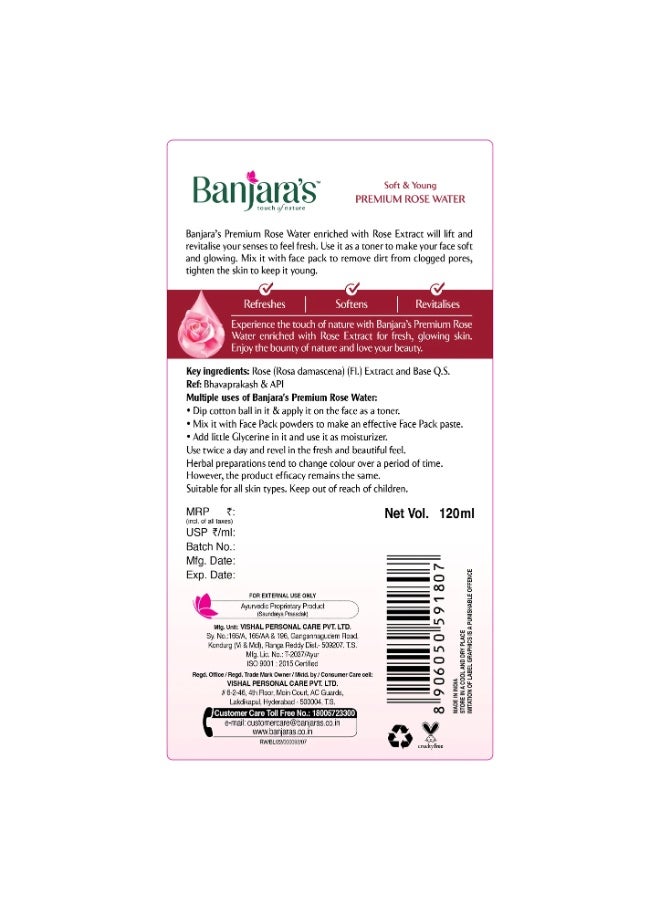 Banjara's Soft&Young Premium Rose Water 120ml - Image 2